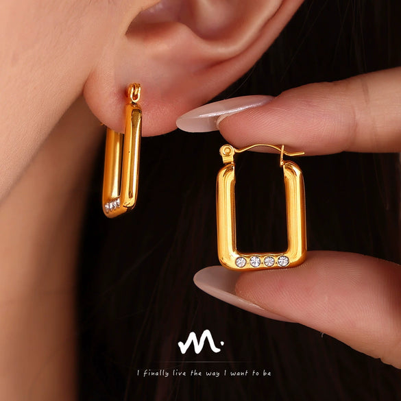 Wholesale 316L Stainless Steel 18K Gold Plated Geometric Rectangular Diamond Earrings For Women