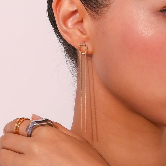 Wholesale Stainless Steel 18K Gold Plated Geometric Simple Style Long Tassel Earrings For Women