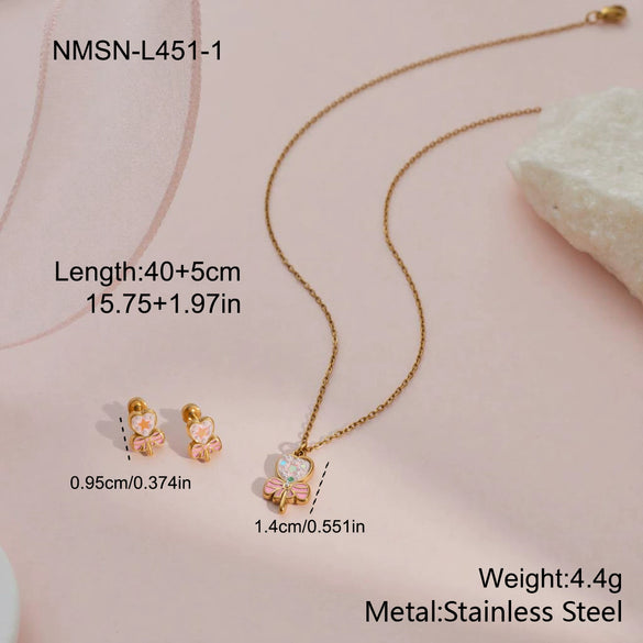 Wholesale Stainless Steel 18K Gold Plated Heart Drop Bell Pattern Children's Jewelry Set For Girls Necklace And Earrings