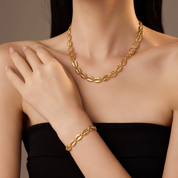 Wholesale Stainless Steel 18K Gold Plated Oval Cut Out Chain Bracelet Necklace Fashion Retro Style Electroplated
