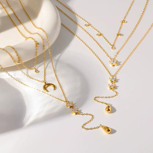 Wholesale Stainless Steel 18K Gold Plated Star And Drop Shape Pendant Oshaped Chain Necklace For Women