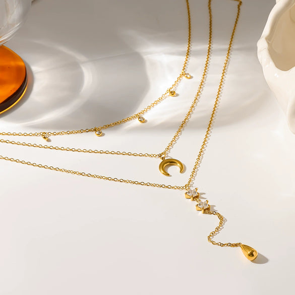 Wholesale Stainless Steel 18K Gold Plated Star And Drop Shape Pendant Oshaped Chain Necklace For Women