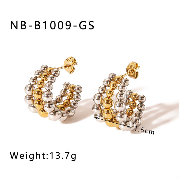 Wholesale Stainless Steel 18K Gold Plated Three Layer Beaded Round C Shaped Earrings For Women With Electroplating Process