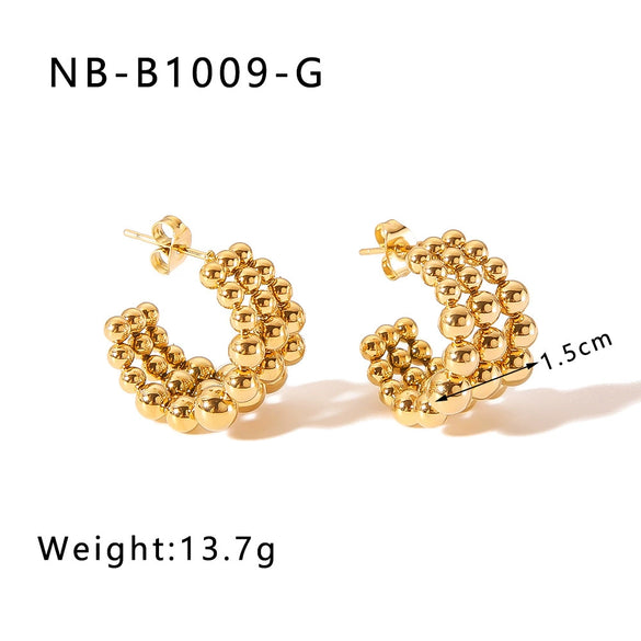 Wholesale Stainless Steel 18K Gold Plated Three Layer Beaded Round C Shaped Earrings For Women With Electroplating Process