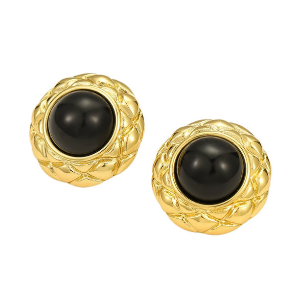 Wholesale Stainless Steel 18K Gold Plated Vintage Round Rhombus Obsidian Pearl Cross Style Earrings
