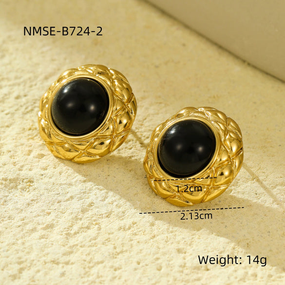 Wholesale Stainless Steel 18K Gold Plated Vintage Round Rhombus Obsidian Pearl Cross Style Earrings