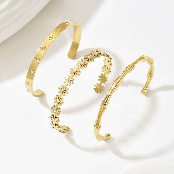 Wholesale Stainless Steel 14K Goldplated Diamondstudded Flower And Bamboo Open Bracelet Set With Niche Design