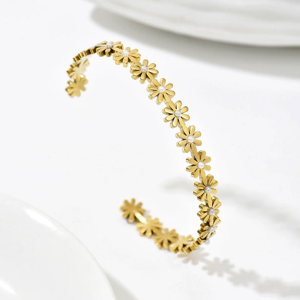 Wholesale Stainless Steel 14K Goldplated Diamondstudded Flower And Bamboo Open Bracelet Set With Niche Design