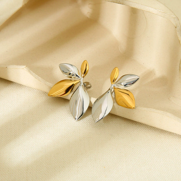 Wholesale Stainless Steel 18K Goldplated Electroplated Leafshaped Colorblocking Earrings For Women