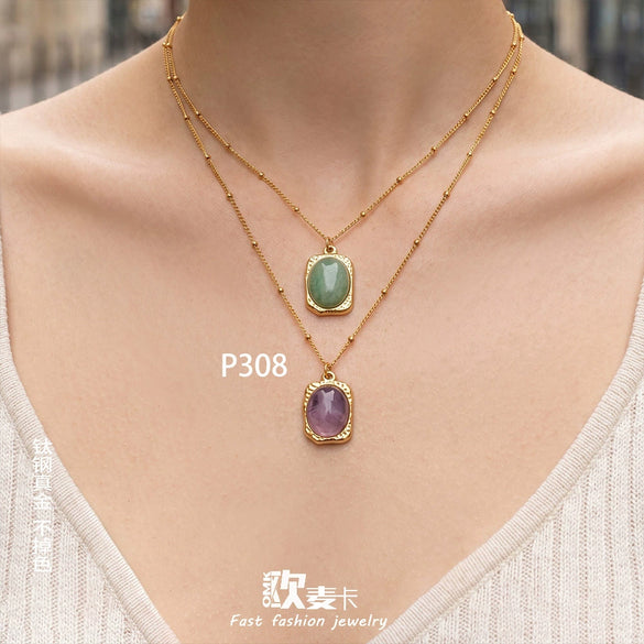 Wholesale Stainless Steel 18K Goldplated Geometric Necklace With Oval Natural Stone Inlay For Women