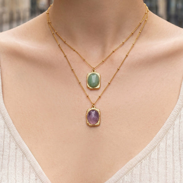 Wholesale Stainless Steel 18K Goldplated Geometric Necklace With Oval Natural Stone Inlay For Women