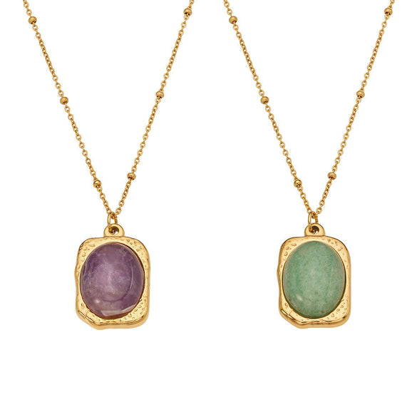 Wholesale Stainless Steel 18K Goldplated Geometric Necklace With Oval Natural Stone Inlay For Women