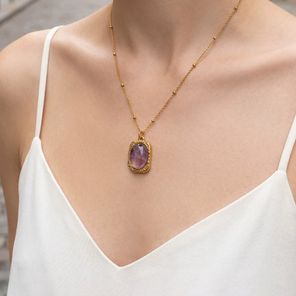 Wholesale Stainless Steel 18K Goldplated Geometric Necklace With Oval Natural Stone Inlay For Women