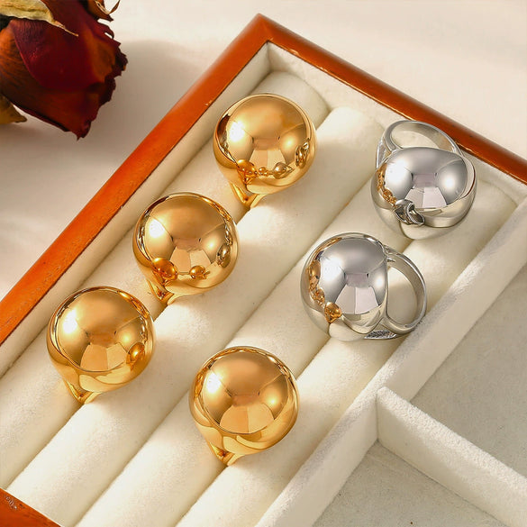 Wholesale 316L Stainless Steel 18K Real Gold Plated French Retro Chubby Spherical Geometric Ring With Exaggerated Personality Design