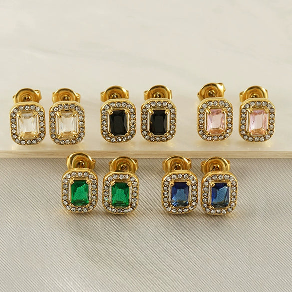Wholesale Stainless Steel 18K Zircon Inlay Square Diamond Earrings Geometric Design