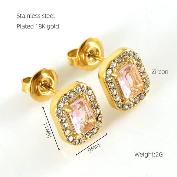 Wholesale Stainless Steel 18K Zircon Inlay Square Diamond Earrings Geometric Design