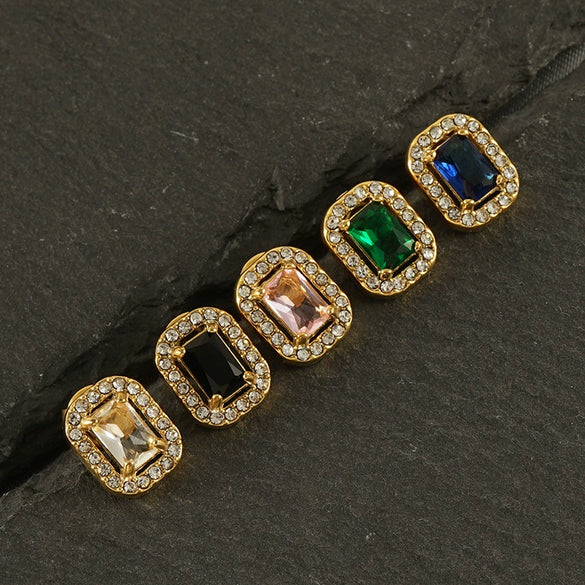 Wholesale Stainless Steel 18K Zircon Inlay Square Diamond Earrings Geometric Design