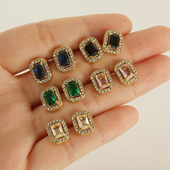 Wholesale Stainless Steel 18K Zircon Inlay Square Diamond Earrings Geometric Design