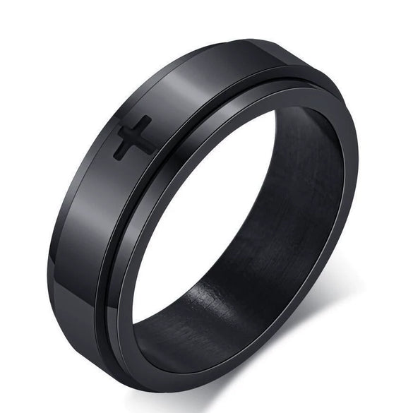 Wholesale Stainless Steel Laser Corrosion Cross Rotatable Ring For Men With Electroplating Treatment Religious Totem Style