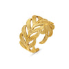 Wholesale Stainless Steel Leaf Hip Hop Opening Adjustable Gold Plated Ring For Women