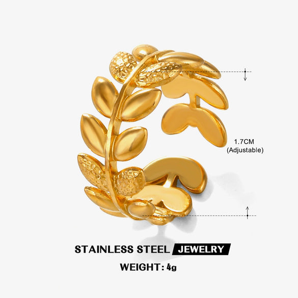 Wholesale Stainless Steel Leaf Open Ring 18K Goldplated For Women Plant Flowers Style