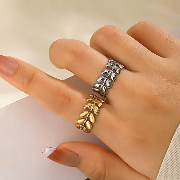 Wholesale Stainless Steel Leaf Open Ring 18K Goldplated For Women Plant Flowers Style