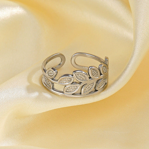 Wholesale Stainless Steel Leaf Opening Adjustable Ring For Women With Electroplating Treatment