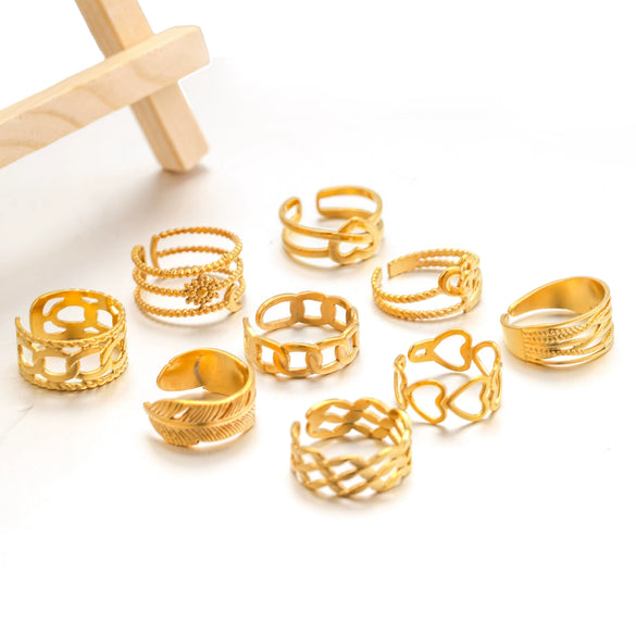 Wholesale Stainless Steel Letter Leaf Moon Opening Adjustable Hiphop Simple Exaggerated Hollow Heart Ring