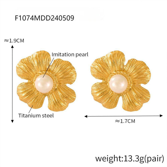 Wholesale Stainless Steel Light Luxury Geometric Petal Flower Inlaid Bead Earrings Electroplated 18K Gold For Women