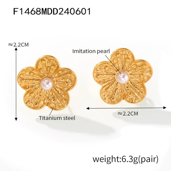 Wholesale Stainless Steel Light Luxury Geometric Petal Flower Inlaid Bead Earrings Electroplated 18K Gold For Women