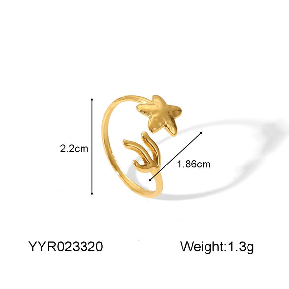 Wholesale Stainless Steel Light Luxury Love Opening Ring With Starfish And Heart Drop Shape Electroplated