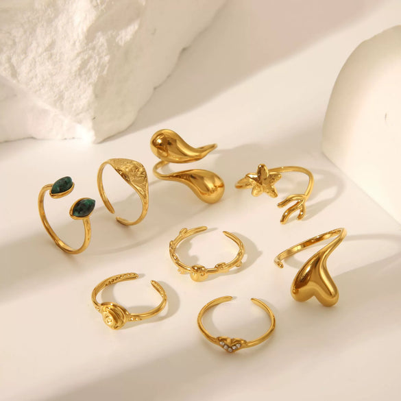Wholesale Stainless Steel Light Luxury Love Opening Ring With Starfish And Heart Drop Shape Electroplated