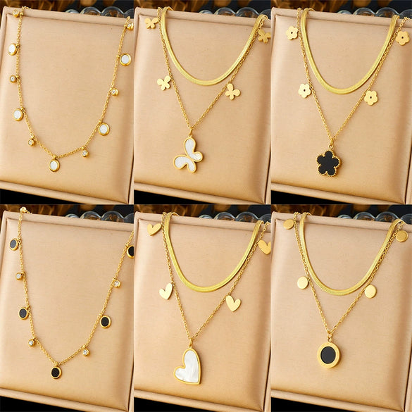 Wholesale Stainless Steel Love Butterfly Flower Pendant Necklace With Heart Shape Pattern Electroplated For Women