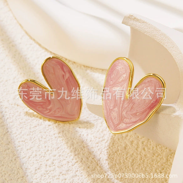 Wholesale Stainless Steel Love Earrings With Dripping Oil Design And Peach Heart Shape For Women