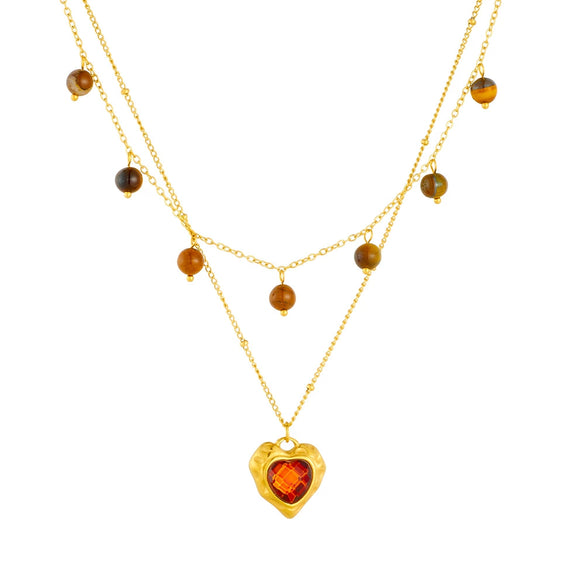 Wholesale Stainless Steel Love Pendant Necklace With Heart Shape Pattern Electroplated Double Stacked O Chain For Women Tiger's Eye Stone Retro Style