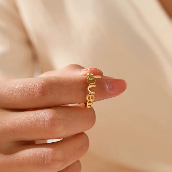 Wholesale Stainless Steel Love Ring For Women 18K Gold Plated Open Adjustable With Letter Pattern