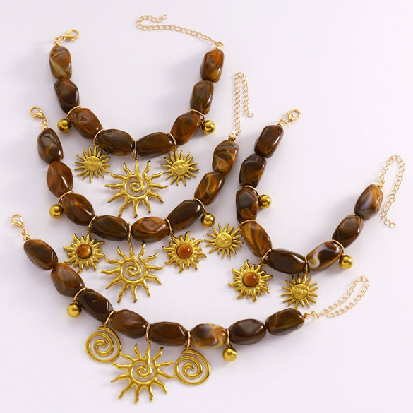 Wholesale Stainless Steel Maillard Retro Brown Beaded Bracelet With Bohemian Sun Pendant For Women