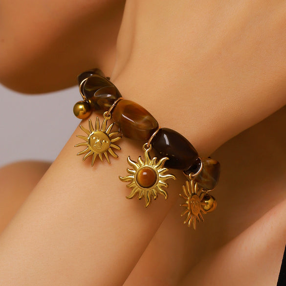 Wholesale Stainless Steel Maillard Retro Brown Beaded Bracelet With Bohemian Sun Pendant For Women
