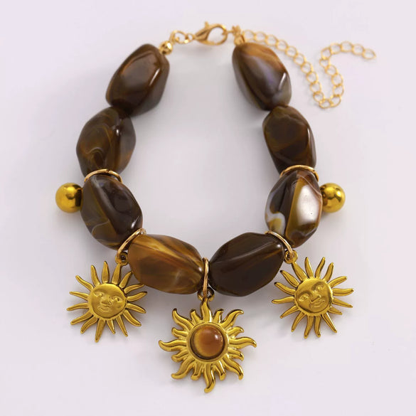 Wholesale Stainless Steel Maillard Retro Brown Beaded Bracelet With Bohemian Sun Pendant For Women