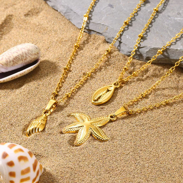 Wholesale Stainless Steel Marine Life Starfish Conch Ins Style Necklace With Geometric Pattern And Electroplating