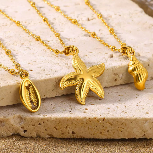 Wholesale Stainless Steel Marine Life Starfish Conch Ins Style Necklace With Geometric Pattern And Electroplating