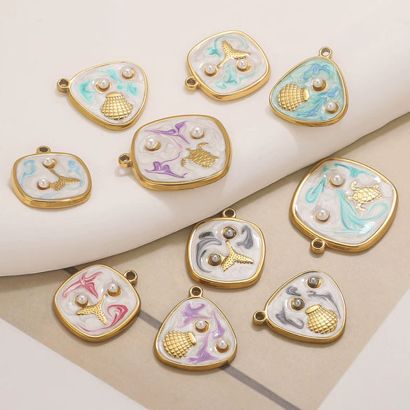 Wholesale Stainless Steel Marine Style Pendants With Shells Mermaids Turtles Square Oval Shapes Electroplated