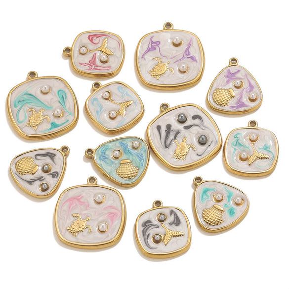Wholesale Stainless Steel Marine Style Pendants With Shells Mermaids Turtles Square Oval Shapes Electroplated