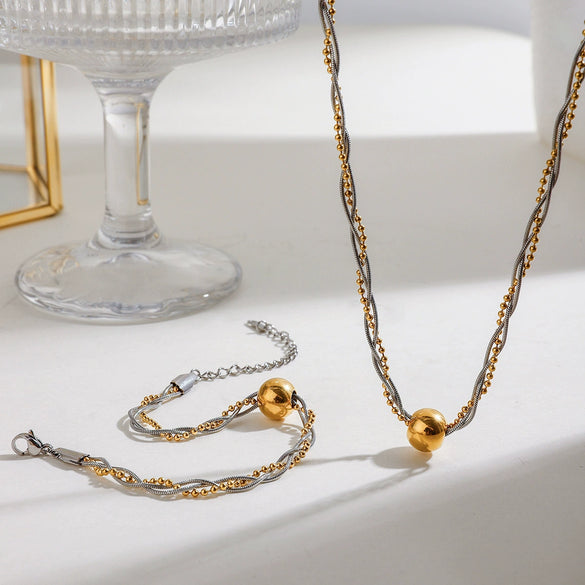 Wholesale Stainless Steel Metal Ball And Cross Necklace And Bracelet Set With 18K Vacuum Plating
