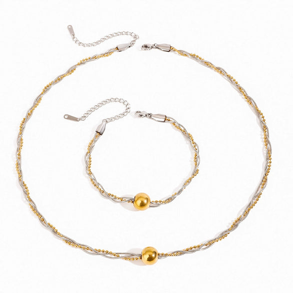 Wholesale Stainless Steel Metal Ball And Cross Necklace And Bracelet Set With 18K Vacuum Plating
