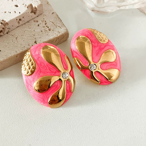 Wholesale Stainless Steel Midancient Vintage Oval Drop Earrings With Flower Pattern For Women Electroplated