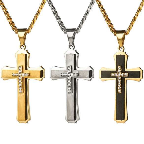 Wholesale Stainless Steel Multilayer Cross Pendant Necklace With Diamond Zircon For Men Exotic Style Jewelry