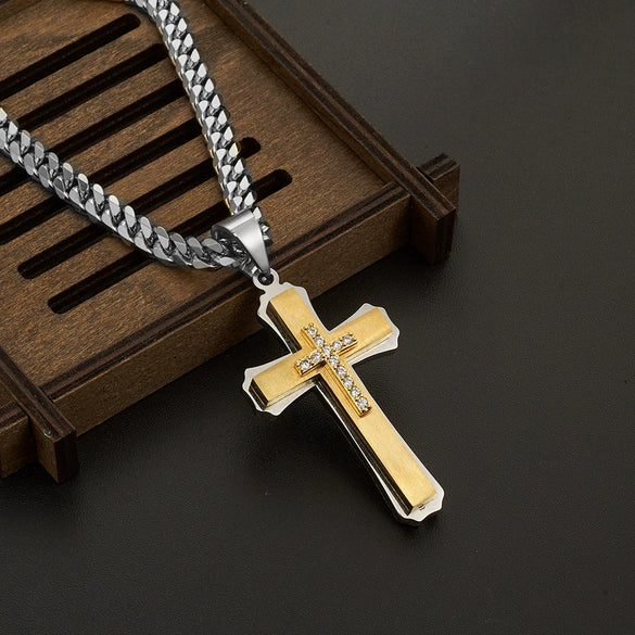 Wholesale Stainless Steel Multilayer Cross Pendant Necklace With Diamond Zircon For Men Exotic Style Jewelry