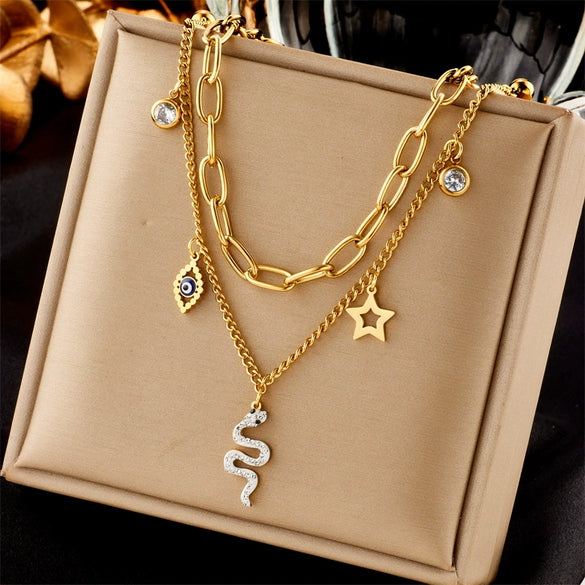 Wholesale Stainless Steel Multilayer Stacked Chain Necklace With Butterfly Snake Star Pendant Electroplated Treatment