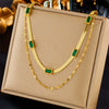 Wholesale Stainless Steel Multilayered Inlaid Green Diamond Metal Necklace Retro Simple Fashion Design Electroplating